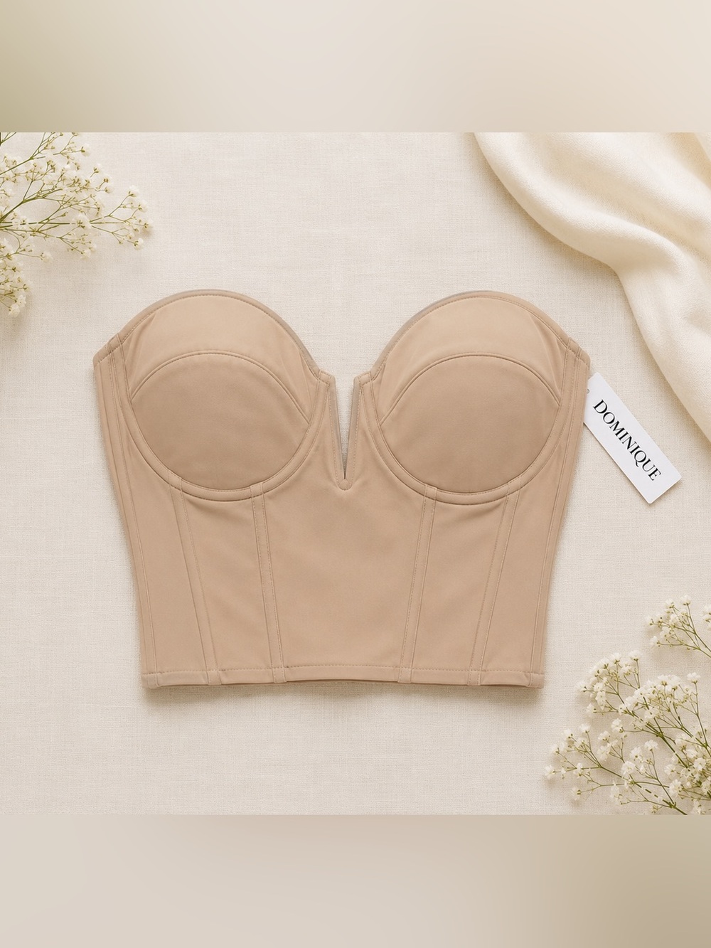 Sz 36DD Dominique Vivienne V Wire Push Up Low Back Strapless Bra